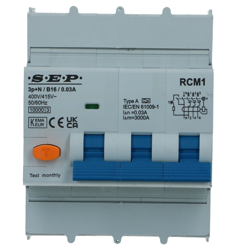 Aardlekautomaat B 16A 3 polig + nul 30mA 10kA RCM1