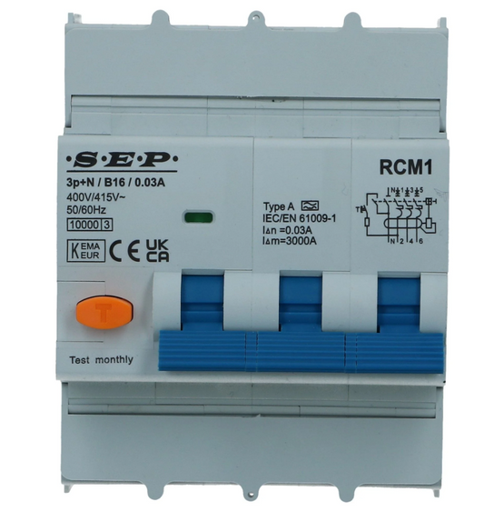 Aardlekautomaat B 16A 3 polig + nul 300mA 10kA RCM1