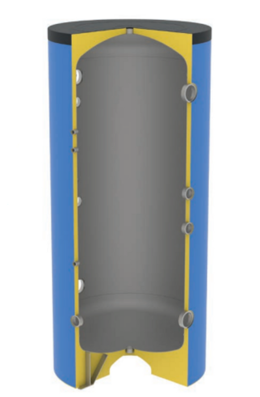 100 liter dampdicht geïsoleerde staande buffertank (1 1/2"; 6 aansluitingen)